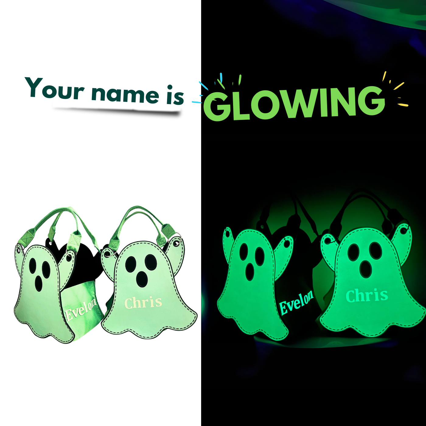 Personalized Glow-in-the-Dark Ghost Halloween Trick-or-Treat Bag for Kids – Custom Name Candy Tote