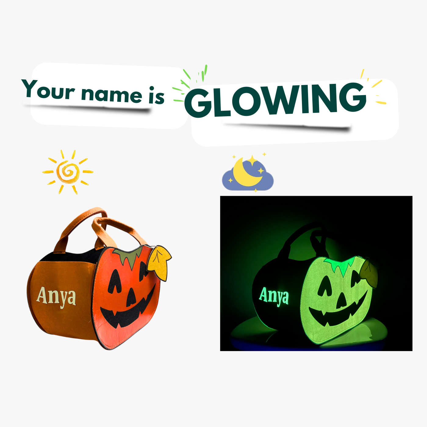 Personalized Pumpkin Trick or Treat Bag – Custom Glow-in-the-Dark Halloween Candy Tote for Kids
