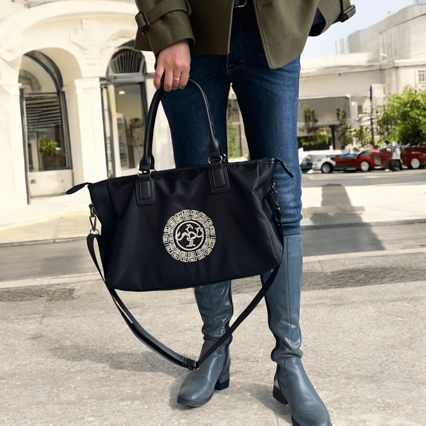 Embroidered Black Handbag, Shoulder Bag for Everyday Elegance - Golden Crow