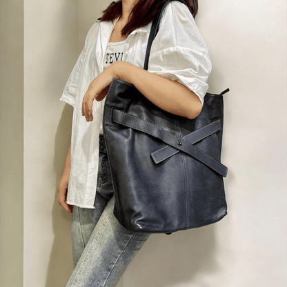 Soft Leather Tote with Unique Cross - Strap Design - Golden Crow