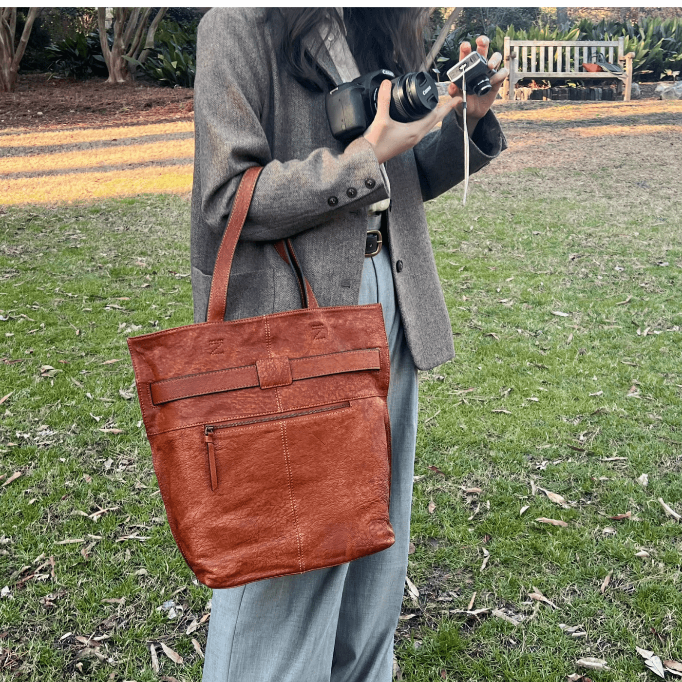 Soft Leather Tote with Unique Cross - Strap Design - Golden Crow