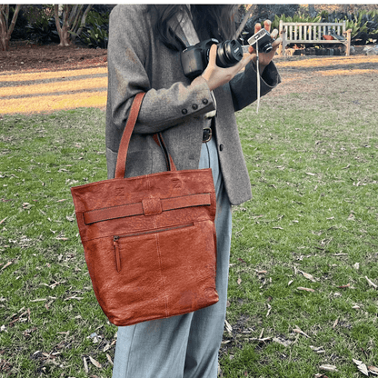 Soft Leather Tote with Unique Cross - Strap Design - Golden Crow