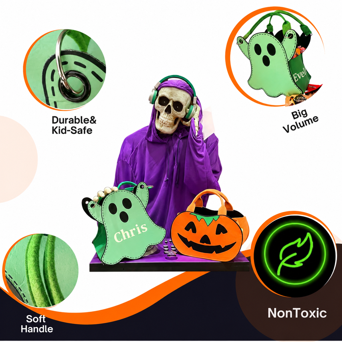 Personalized Glow-in-the-Dark Ghost Halloween Trick-or-Treat Bag for Kids – Custom Name Candy Tote