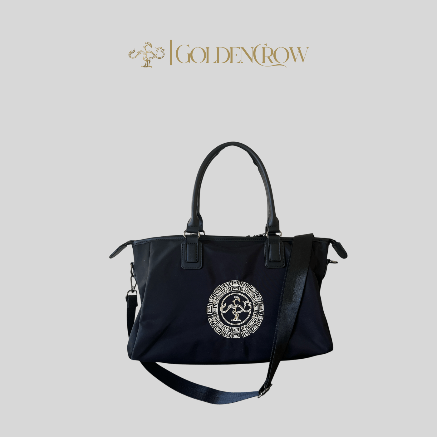 Embroidered Black Handbag, Shoulder Bag for Everyday Elegance - Golden Crow