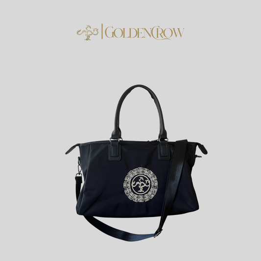 Embroidered Black Handbag, Shoulder Bag for Everyday Elegance - Golden Crow