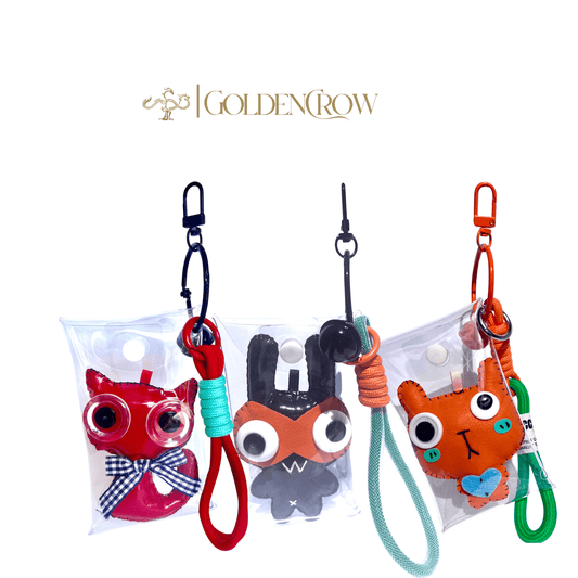 Handmade Leather Keychains, Charms, Kawaii Animal, Narrower version - Golden Crow