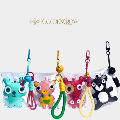 Handmade Leather Keychains, Charms, Kawaii Animal, Wider Version - Golden Crow