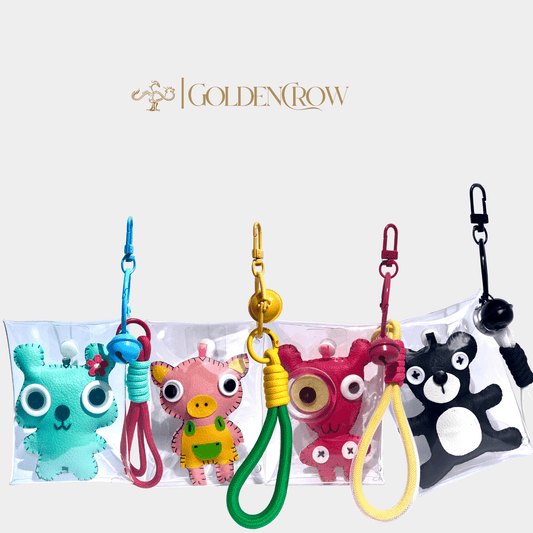 Handmade Leather Keychains, Charms, Kawaii Animal, Wider Version - Golden Crow