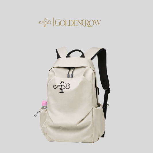 white 15.6 - inch laptop backpack with embroidered Golden Crow three-legged crow logo