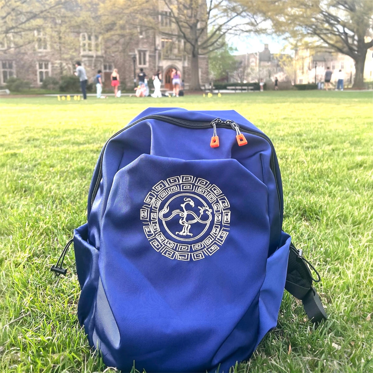 Blue embroidered laptop backpack for college work and everyday travel