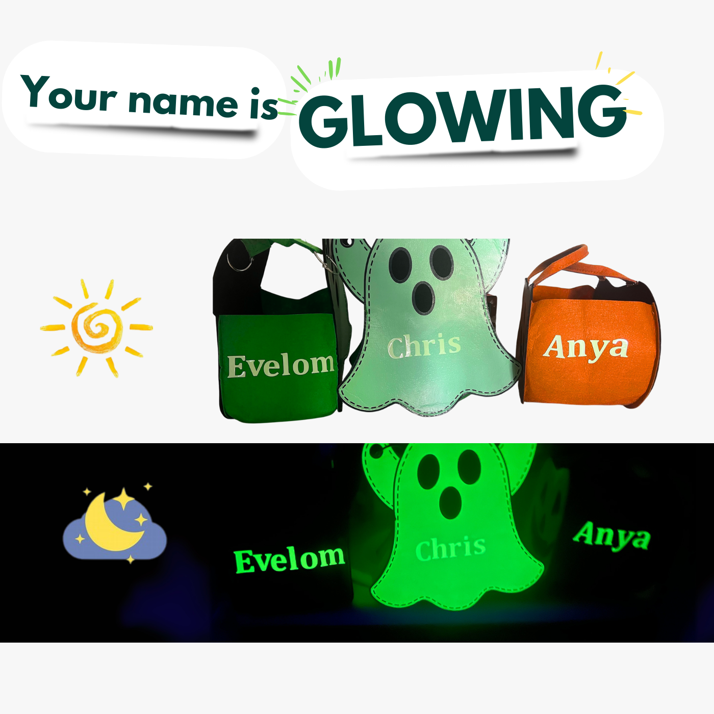 Glow-in-the-Dark Halloween Trick or Treat Bags – Personalized Ghost & Pumpkin Candy Totes for Kids