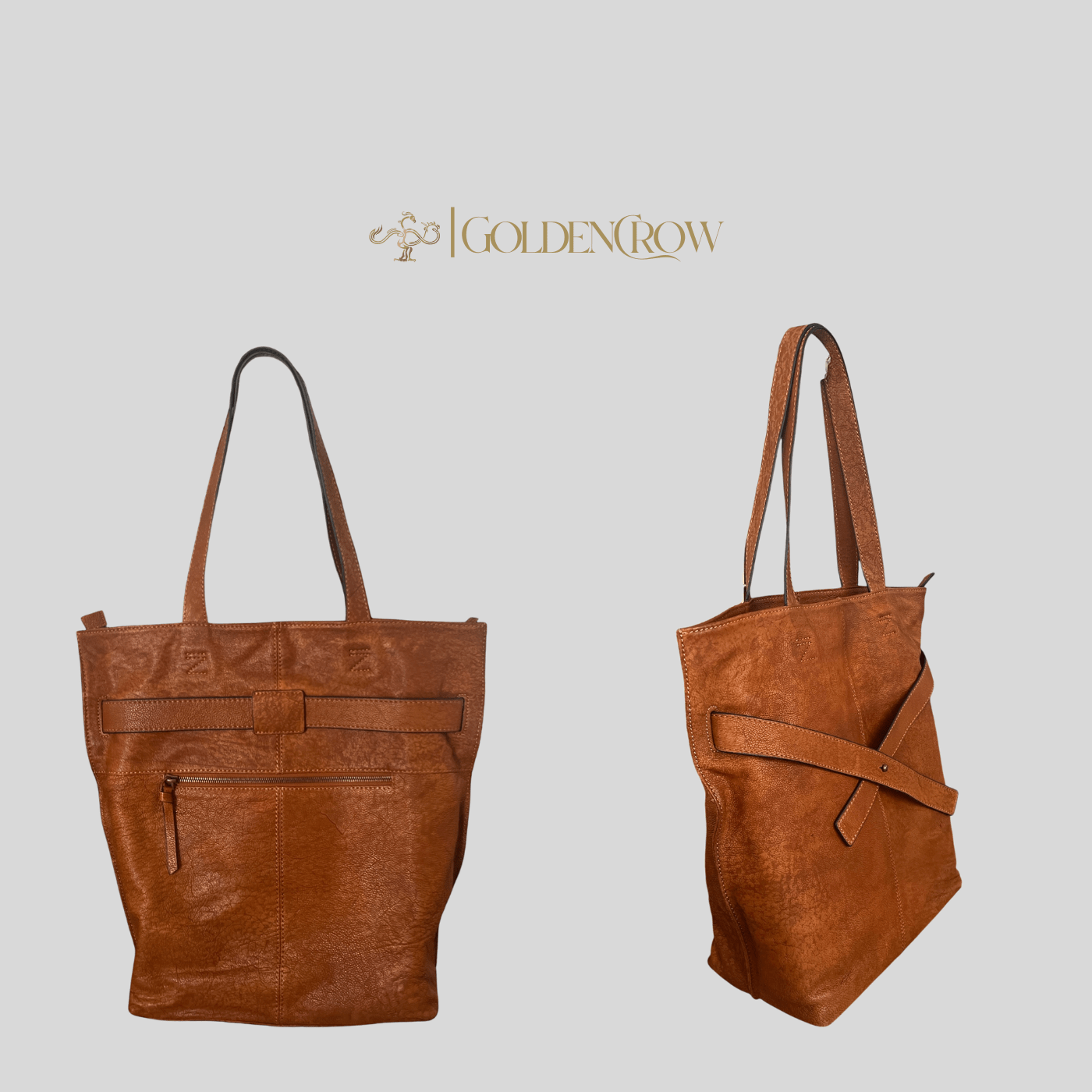 Soft Leather Tote with Unique Cross - Strap Design - Golden Crow