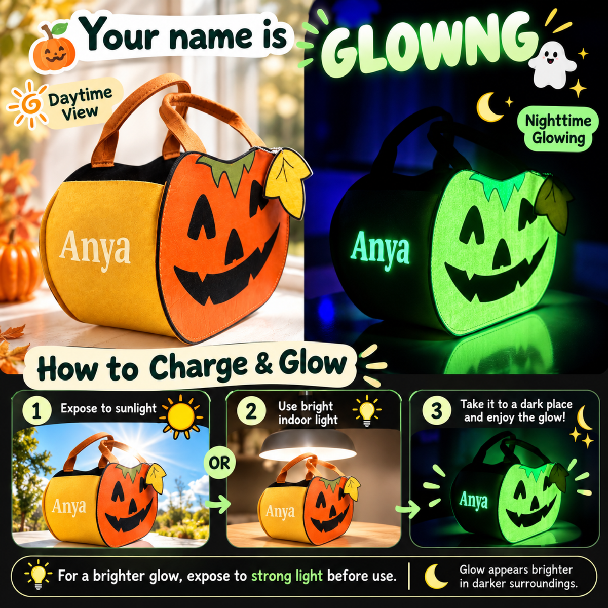 Personalized Pumpkin Trick or Treat Bag – Custom Glow-in-the-Dark Halloween Candy Tote for Kids