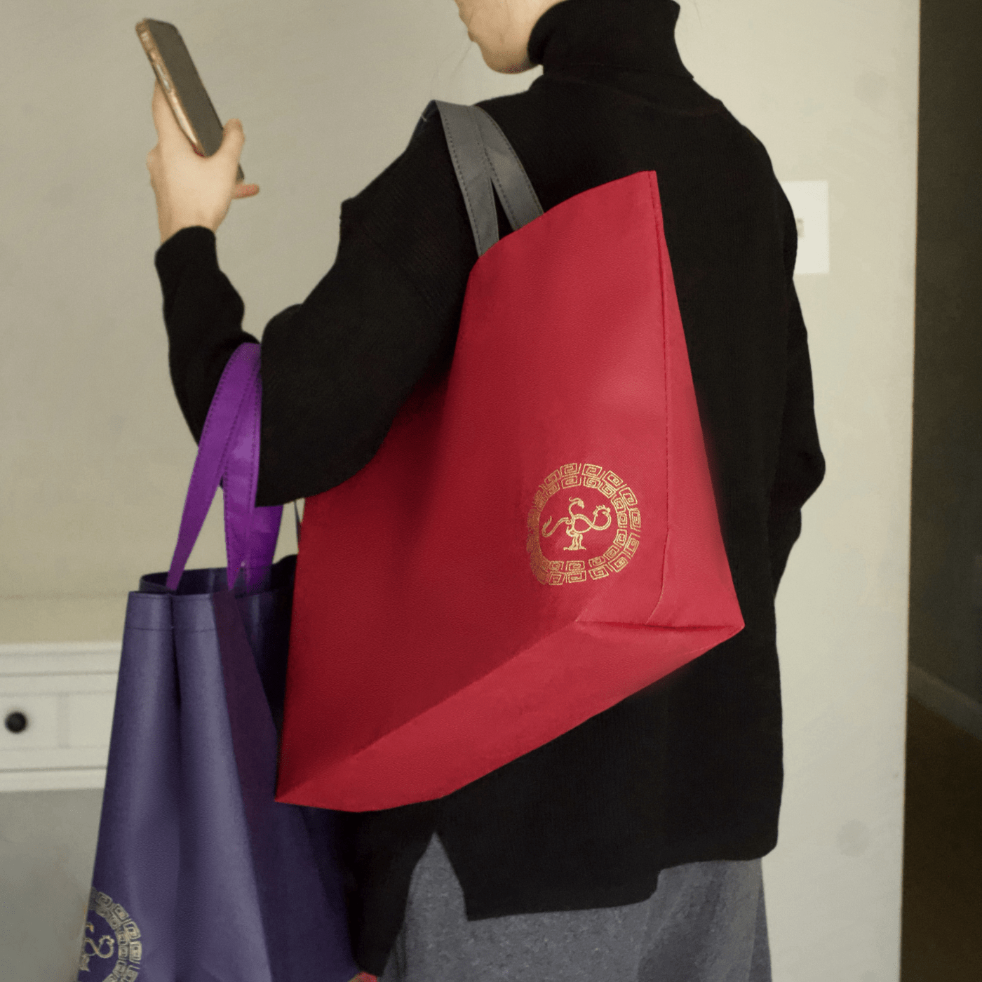Reusable Grocery Bag, Foldable Shopping Bag, Contrast Colors with Golden Bird Logo - Golden Crow