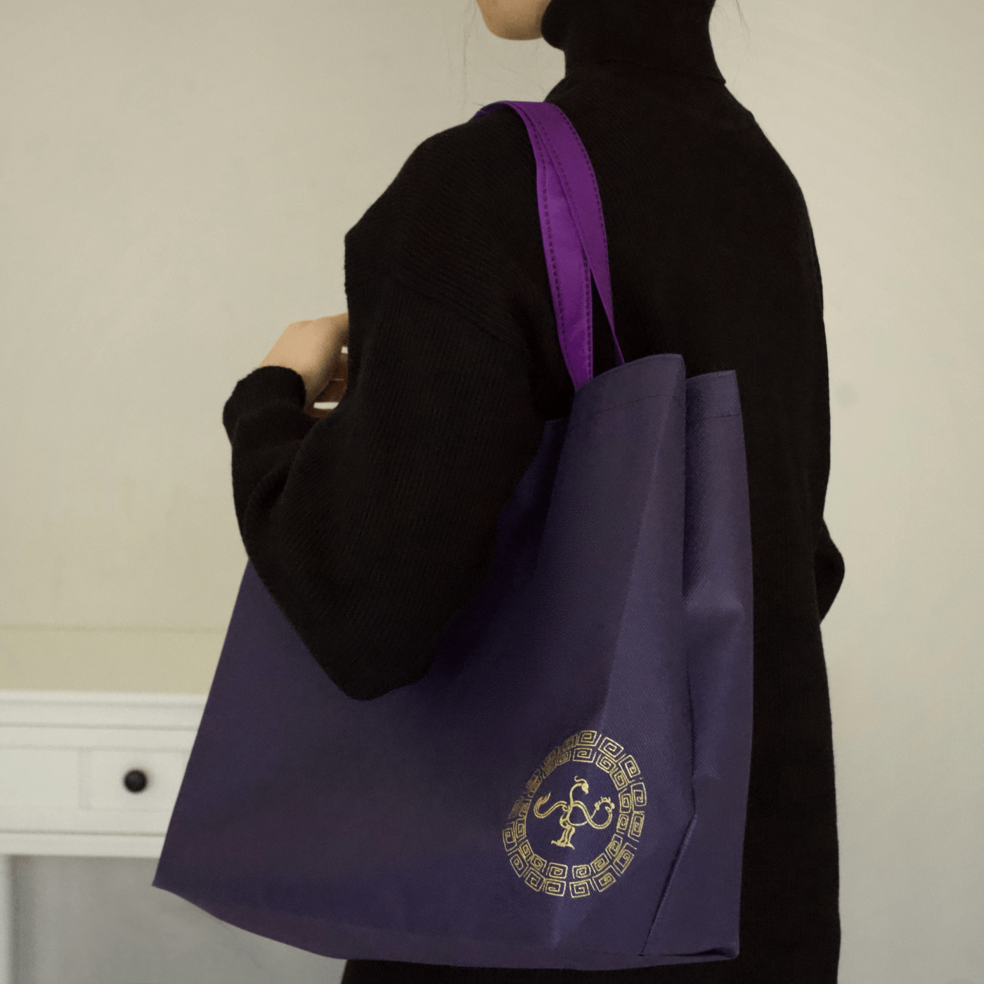 Reusable Grocery Bag, Foldable Shopping Bag, Contrast Colors with Golden Bird Logo - Golden Crow