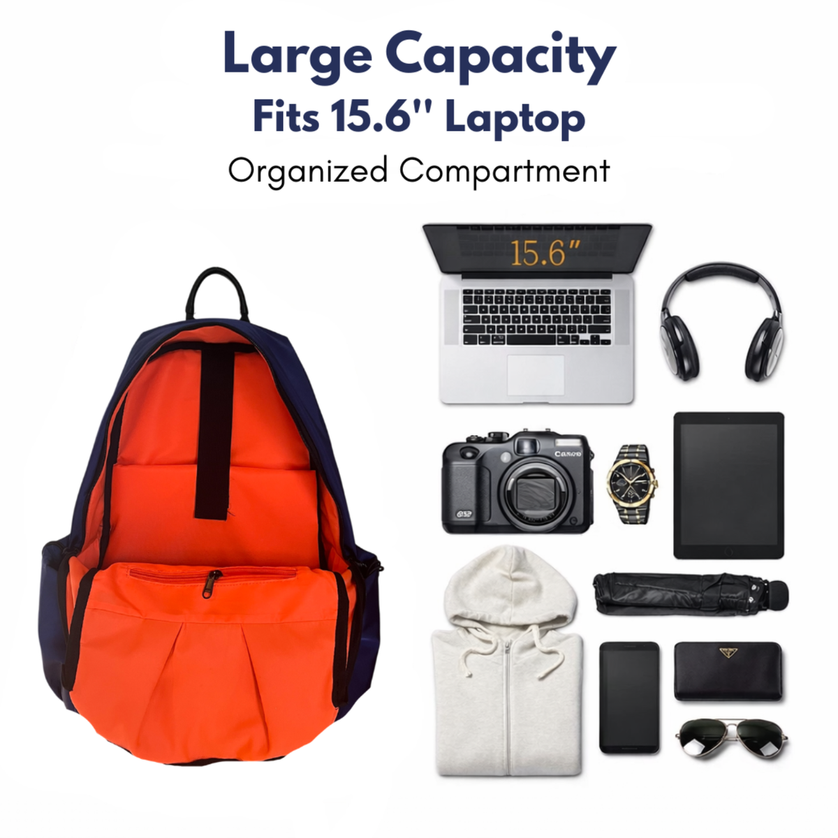 Large capacity waterproof backpack with 15.6 inch laptop compartment