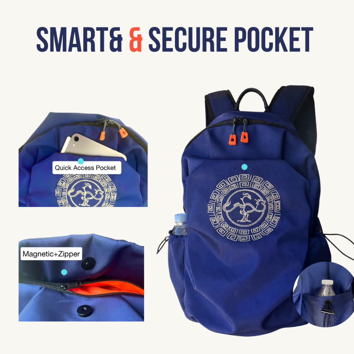 Waterproof Navy blue backpack with quick access magnetic zipper front pocket. DEEP, ADJUSTABLE BOTTLE POCKETS , Fits Bottles Up to 1000ml