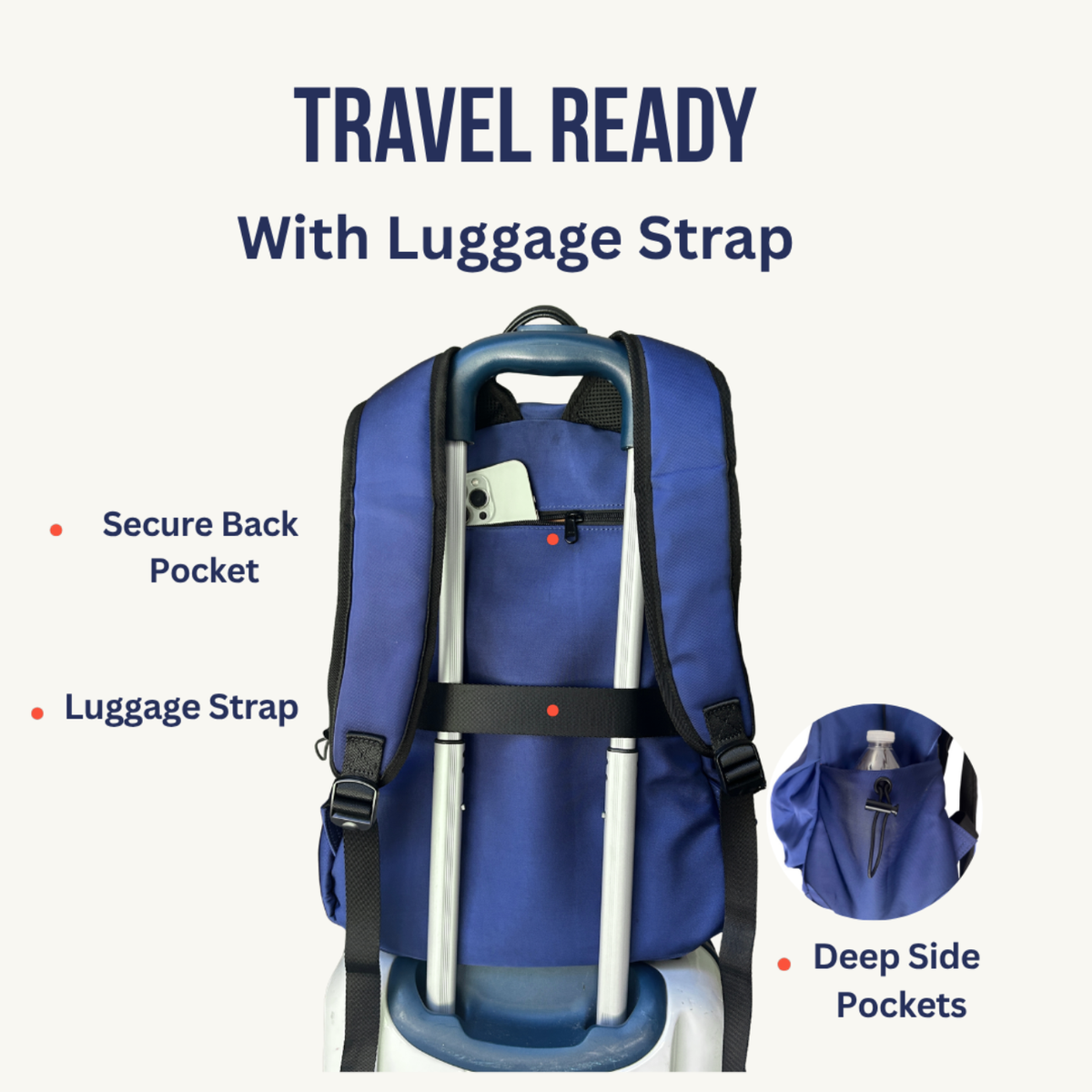Travel laptop navy blue backpack with luggage strap and secure back pocket