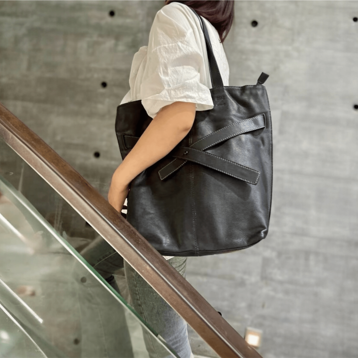 Soft Leather Tote with Unique Cross - Strap Design - Golden Crow