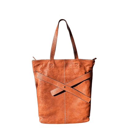 Soft Leather Tote with Unique Cross - Strap Design - Golden Crow