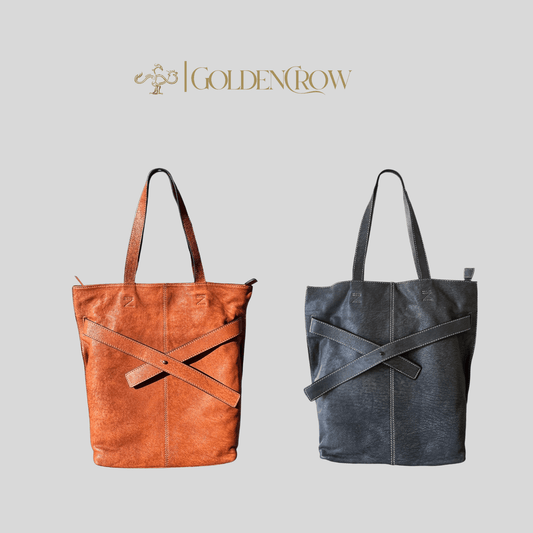 Soft Leather Tote with Unique Cross - Strap Design - Golden Crow