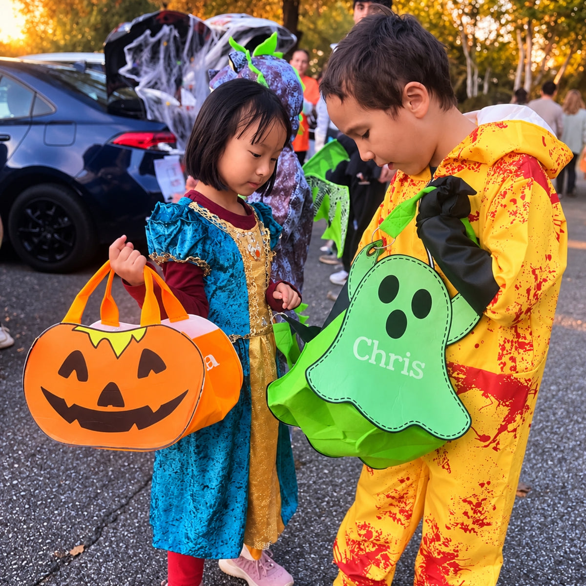 Combo-Glow-in-the-Dark Halloween Trick or Treat Bags – Personalized Ghost & Pumpkin Candy Totes for Kids