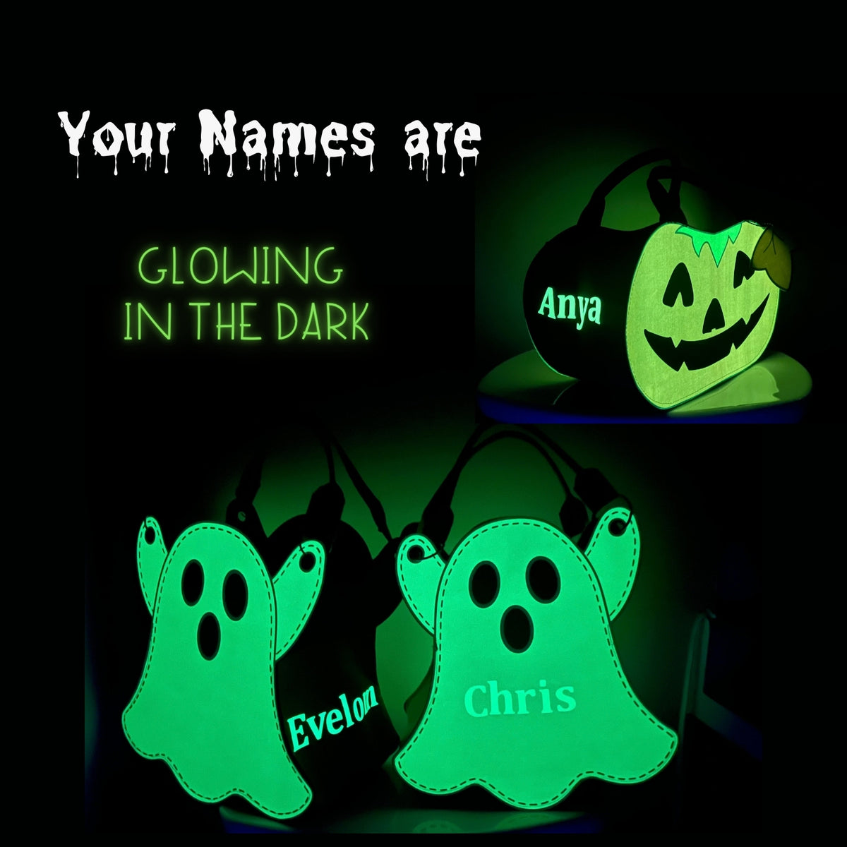 Combo-Glow-in-the-Dark Halloween Trick or Treat Bags – Personalized Ghost & Pumpkin Candy Totes for Kids