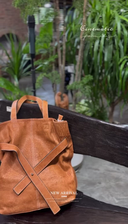 Soft Leather Tote with Unique Cross-Strap Design
