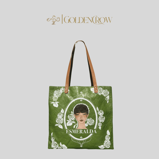 Original Art Tote Bag - Minimalist Eco - friendly Leather - Like Green Paper Bag, Waterproof, Gift for her - Golden Crow